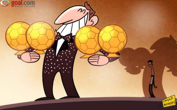Lionel Messi posing with his four Ballon d'Or awards - Cartoon